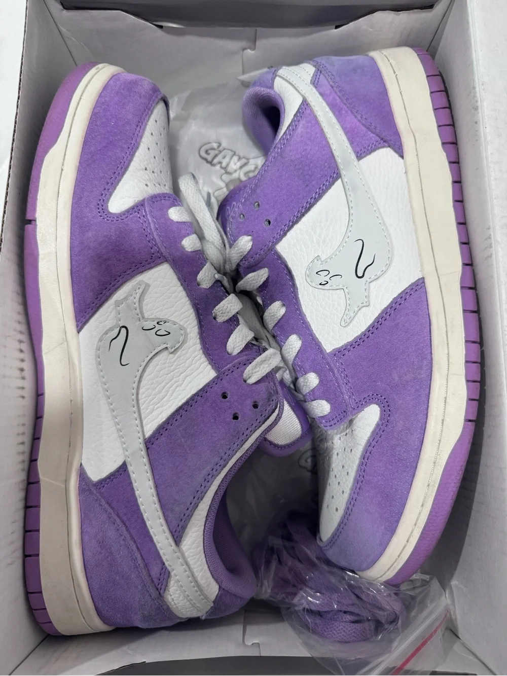 Purple and White Low-Top Sneakers with Ghost Logo